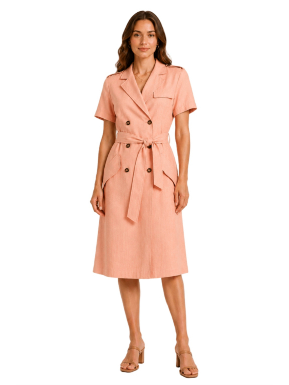 Liz Claiborne Women's Vintage 100% Linen Peach Double Breasted Trench Dress